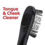Rear/side view of a Colgate Optic White toothbrush handle showing a textured tongue and cheek cleaner surface