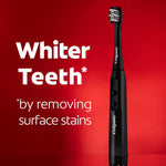 Colgate Optic White black sonic toothbrush on red background with text claiming whiter teeth by removing surface stains