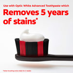Colgate toothbrush bristles loaded with white toothpaste and text claiming it removes five years of stains when used with Optic White.