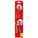 Retail blister card showing two black Colgate Optic White replacement brush heads on red packaging with Colgate logo