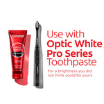 Colgate Optic White toothbrush shown beside a tube of Optic White Pro Series toothpaste with pairing suggestion text