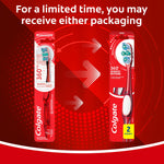 Packaging comparison graphic showing two Colgate toothbrush package designs and text about receiving either packaging