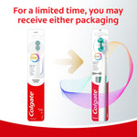 Graphic showing two versions of Colgate toothbrush packaging with arrow and text indicating packaging may vary for a limited time.