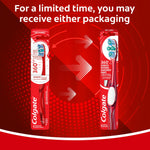 Graphic comparing two Colgate 360 toothbrush packaging designs with arrows and promotional text about packaging change