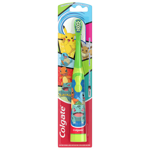 Colgate kids powered vibrating toothbrush in Pokémon-themed blister pack featuring Pikachu, Bulbasaur, Squirtle and Charmander artwork