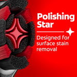 Close-up of Colgate Optic White toothbrush head highlighting a red polishing star and text about surface stain removal.
