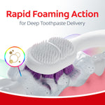 Illustration of a toothbrush scrubbing teeth with purple bristles creating rapid foaming lather and text 'Rapid Foaming Action'.