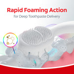 Illustration of a toothbrush scrubbing foamy toothpaste against teeth with text promoting rapid foaming action for deep toothpaste delivery.