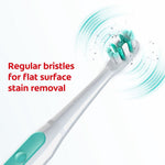 Angled Colgate toothbrush head and handle with motion waves and text highlighting regular bristles for flat surface stain removal
