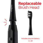 Graphic showing removable Colgate brush head detaching from handle with 'Replaceable Brush Head' text and battery icon