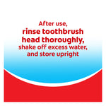 Instructional graphic advising to rinse toothbrush head thoroughly and store upright on Colgate blue-and-red background