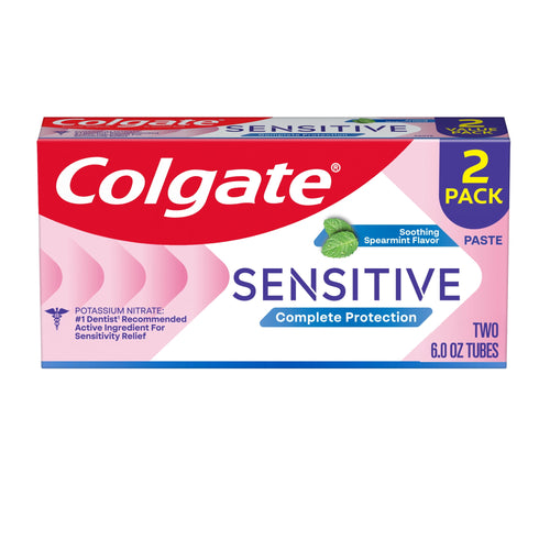 Boxed Colgate Sensitive Complete Protection toothpaste two-pack with pink and white packaging and 2 pack badge