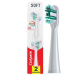 Colgate replacement toothbrush heads packaging showing two soft brush heads and a close-up of one white and teal brush head
