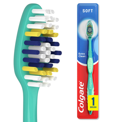 Close-up of a teal-handled Colgate toothbrush head showing multicolor soft bristles in white, yellow, navy and blue.