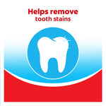 Colgate graphic with tooth icon and text claiming the brush helps remove tooth stains on a blue and red backdrop
