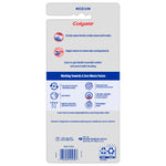Back of Colgate toothbrush retail packaging with product features, recycling icons and company contact details