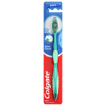 Packaged Colgate toothbrush in blister card with a teal handle, branded red and blue backing, and label indicating ‘Soft’ and ‘Extra Clean’.