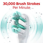 Close-up of Colgate toothbrush head with teal and white bristles and motion waves, text states 30,000 brush strokes per minute