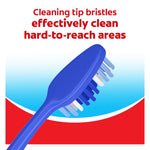 Illustrated underside view of a blue Colgate toothbrush head highlighting cleaning tip bristles on a branded background