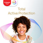 Smiling person with eyes closed beneath Colgate and Total logos and the headline ‘Total Active Protection’ with colorful swoosh