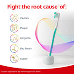 Colgate Total Active Prevention toothbrush on a stand with icons listing benefits like cavities, plaque, gingivitis, bad breath and stains.