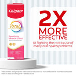 Colgate Total Sensitivity Mineral Shield boxed toothpaste displayed next to bold text reading '2X more effective'