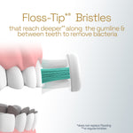 Illustration of floss-tip style bristles reaching along a gumline to remove bacteria, labeled ‘Floss-Tip Bristles’