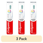 Three Colgate Total Foaming Clean medium toothbrush packages shown side-by-side with red Colgate branding