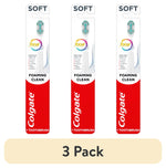 Three Colgate Total Foaming Clean soft toothbrushes shown in blister-style retail packaging with red Colgate panel.