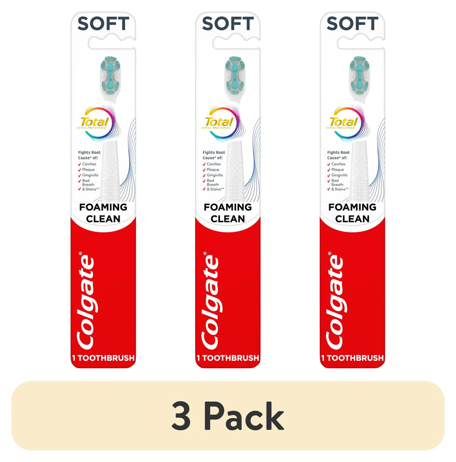 Three Colgate Total Foaming Clean soft toothbrushes shown in blister-style retail packaging with red Colgate panel.