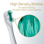 Close-up of Colgate Total toothbrush head showing high-density green bristles and a magnified circular detail of bristle tips