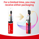 Packaged Colgate Total toothbrush in retail blister card showing black handle, whitening callout and red Colgate branding.