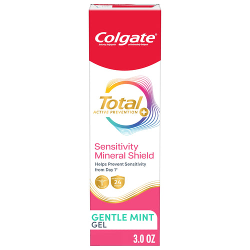 Tall boxed Colgate Total Active Prevention Sensitivity Mineral Shield toothpaste in gentle mint packaging