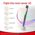 Colgate Total black toothbrush displayed upright with icons listing cavities, plaque, gingivitis, bad breath and stains