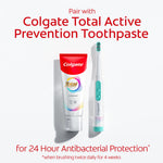 Lifestyle-style product pairing graphic showing Colgate Total toothpaste tube beside a white and teal Colgate sonic toothbrush, pairing message