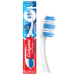 Colgate travel toothbrush in blister pack with white handle, blue bristles and red Colgate logo on card