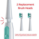 Two Colgate replacement brush heads next to a battery toothbrush handle with text indicating compatibility and two replacement heads