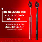 Two Colgate Optic White toothbrushes, one red and one black, with copy stating the pack includes one red and one black toothbrush