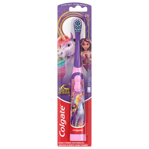 Colgate Unicorn Academy kids sonic power toothbrush in purple and pink packaging with unicorn character artwork on blister card.