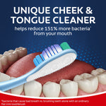 Illustration of Colgate 360 toothbrush showing textured cheek and tongue cleaner over a tongue and teeth