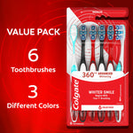 Red product graphic showing Colgate blister pack with six toothbrushes and overlay text ‘VALUE PACK 6 Toothbrushes 3 Different Colors’