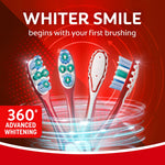 Four red Colgate toothbrushes arranged with a swirling light effect and text claiming a whiter smile with 360° whitening