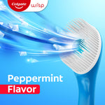 Graphic close-up of a Colgate Wisp brush head with icy blue streaks and floating ice fragments, text indicating 'Peppermint Flavor'.