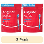Two red resealable Colgate Wisp MaxFresh pouches showing a blue mini disposable toothbrush on the front and '24 Mini Brushes' label.