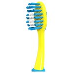 Close-up of a yellow and blue toothbrush head with extra-soft blue and white bristles and suction base