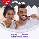 Smiling couple brushing teeth with Colgate ZigZag toothbrushes in a lifestyle image with ZigZag branding above