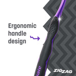 Close-up of Colgate ZigZag toothbrush handle showing ergonomic grip texture and arrow pointing to handle design