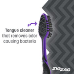 Rear view of purple ZigZag toothbrush head highlighting textured tongue cleaner on the back with descriptive text