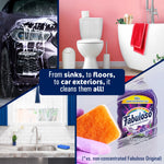Collage showing car being washed, a bathroom, kitchen sink and a sponge with Fabuloso bottle and text about cleaning many surfaces.