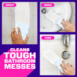 Three-panel collage showing hands using a blue Magic Eraser on grout, sinks, and tubs with bold text about cleaning tough bathroom messes.